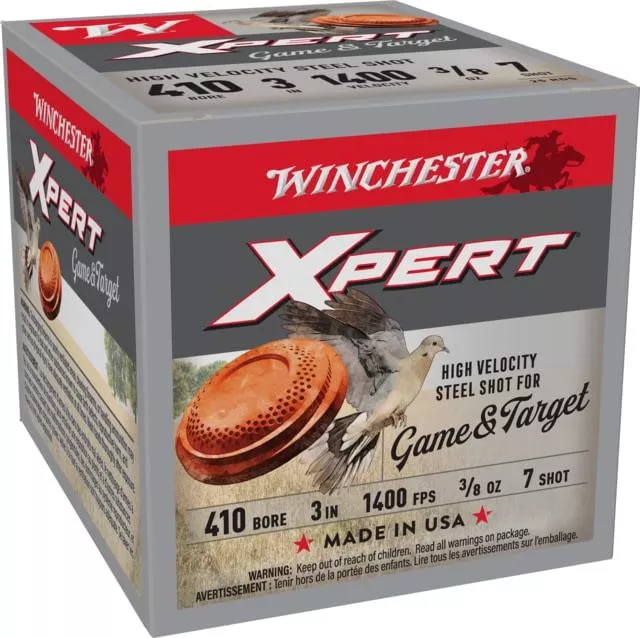 Winchester Xpert HV Steel Game 410 Gauge 3/8 Oz 3 in Shotgun Ammo, 25 Round, WE413GT7 - Click-Click-Boom